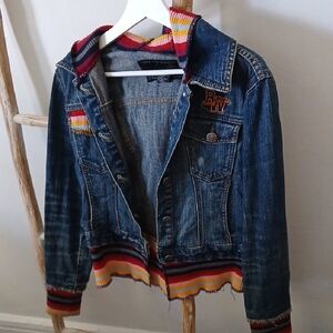 Denim Jacket with Colorful Striped Trim
